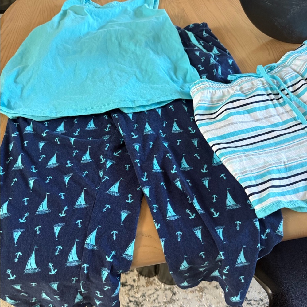 Women's 3 piece  Blue Pajama Set with Sailboat Print